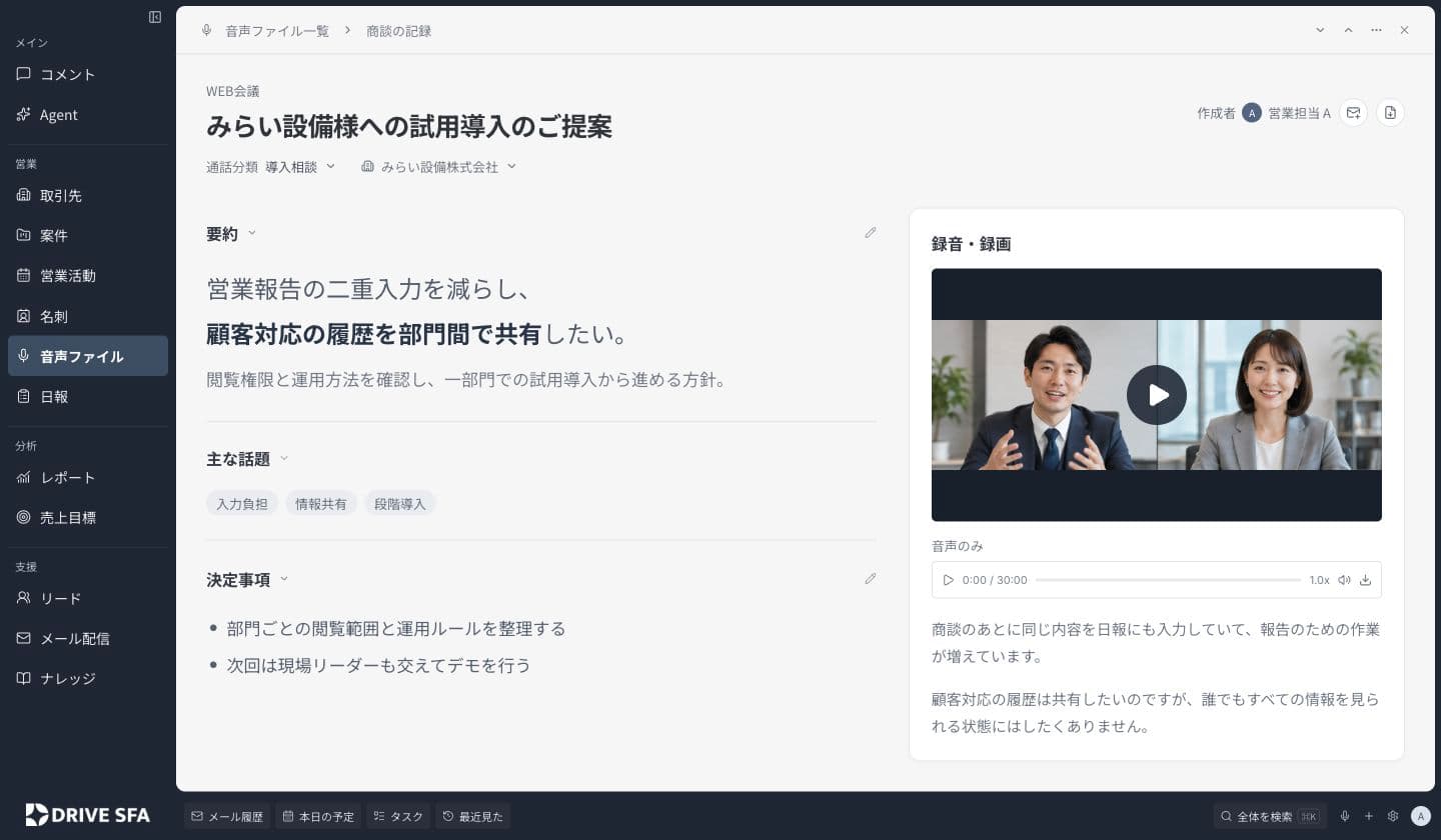 PCで商談の要約・決定事項・録画と録音内容を確認するDRIVE SFAの現行UIを基にした表示例